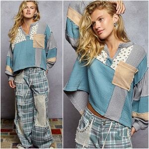 POL Women's Long Sleeve Patchwork Top - Blue, Gray, Tan